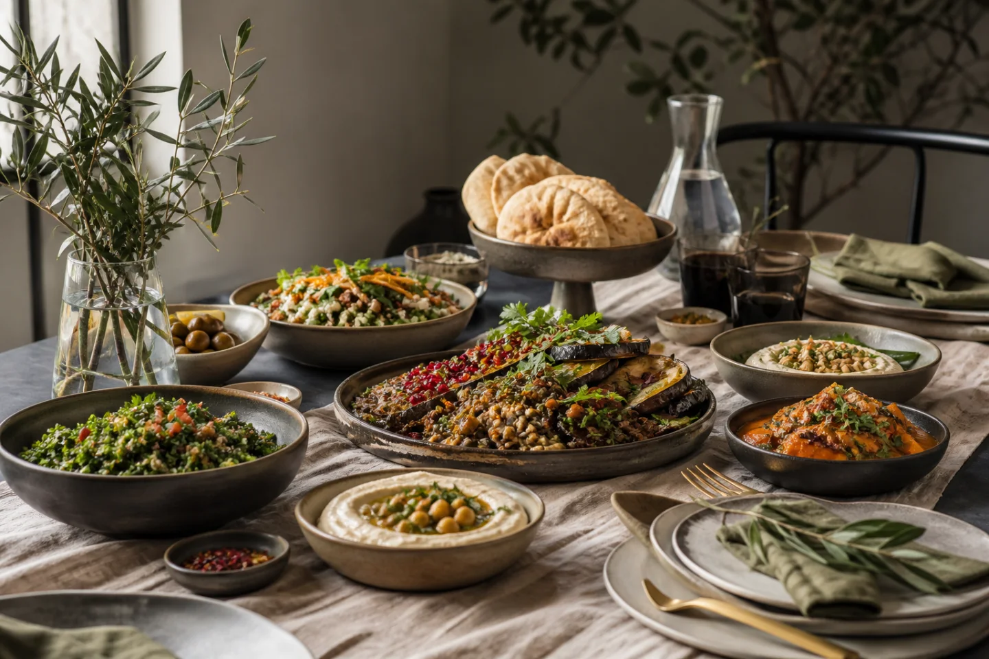 A shared table of homemade Egyptian, Levantine and Gulf-inspired food.